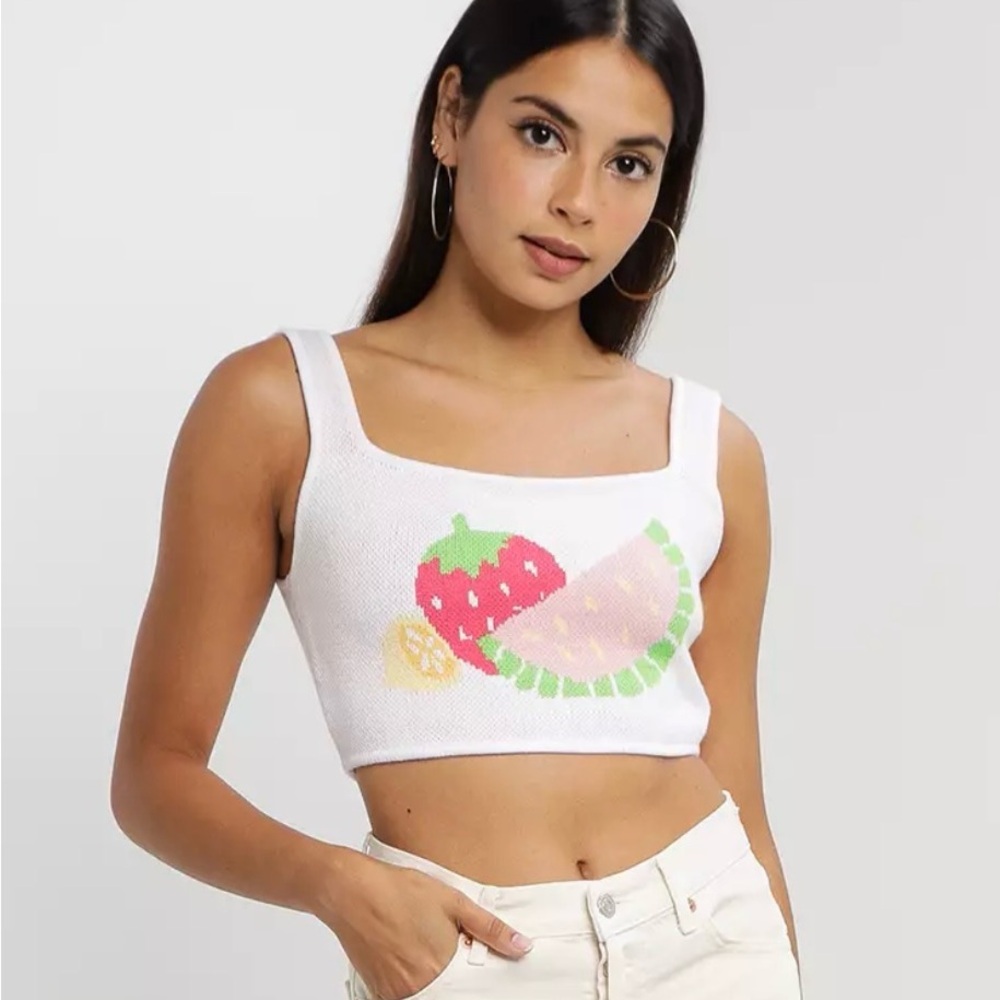 White Knit Crop Top with Fruit Design